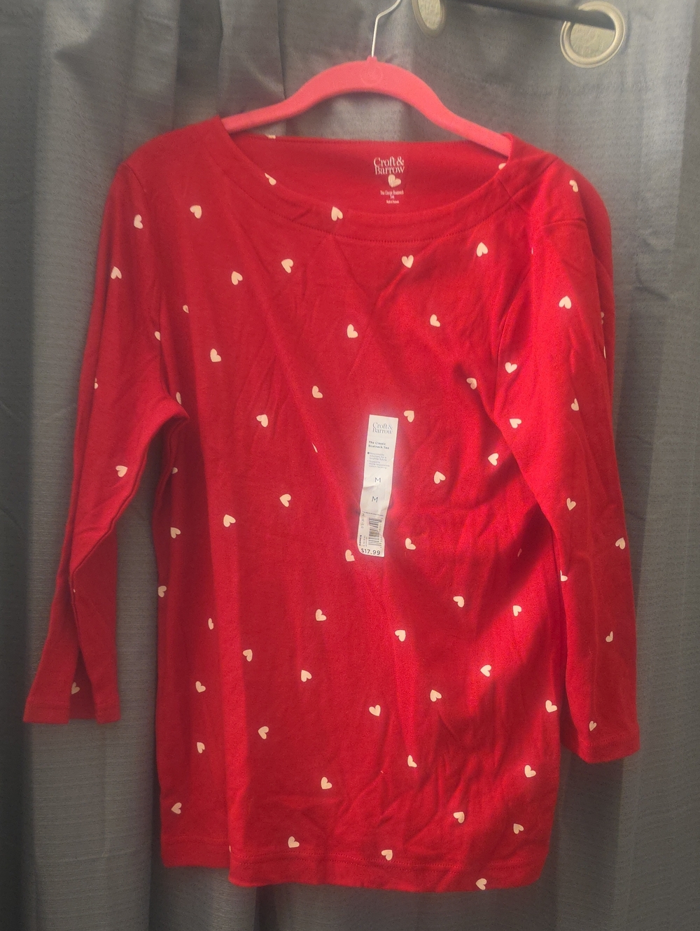 croft & barrow Red Heart-Print Long Sleeve Top